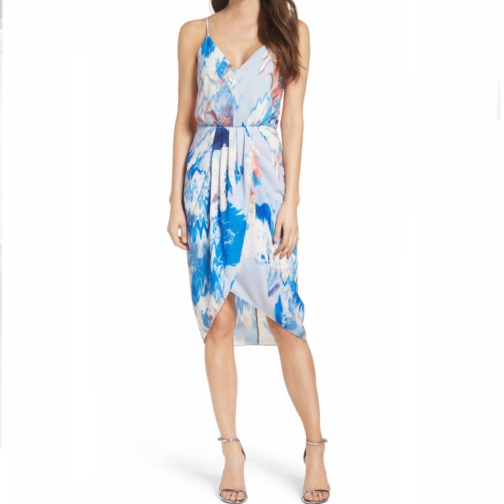 Chelsea 28 Spaghetti Strap Faux Wrap Dress Blue Watercolor Floral Size 10